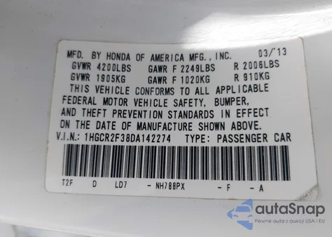 2013 Honda Accord Lx from USA, damaged, VIN 1HGCR2F38DA142274